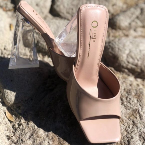 NEW Patent Clear Triangle High Block Heel Square Toe Slip On Sandals Mules Shoes - Picture 3 of 9